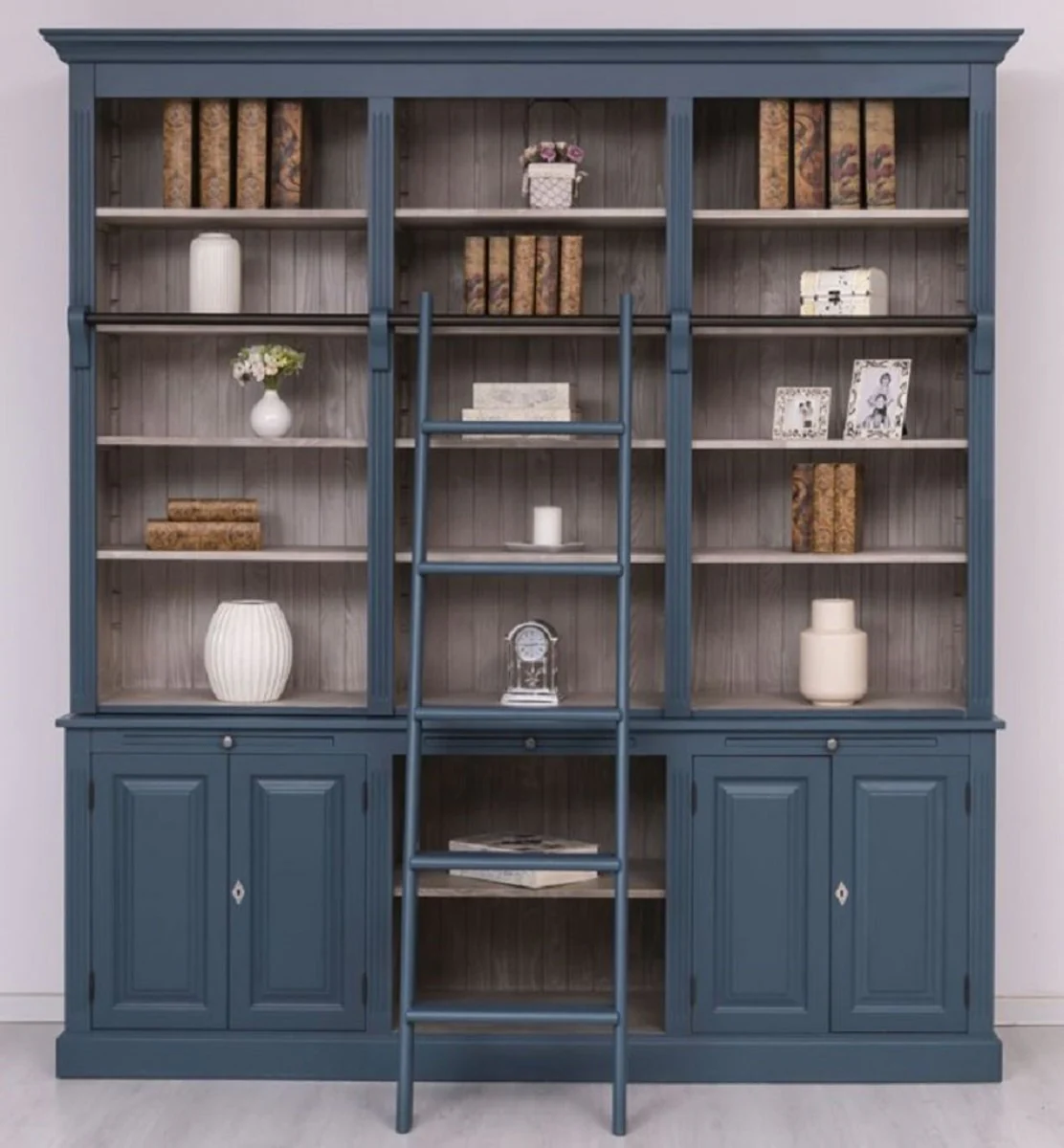 Country house style bookcase with ladder blue / gray 229 x 51 x H. 244 cm - solid wood cupboard - living room cupboard - shelf cupboard - office cupboard - country house style furniture