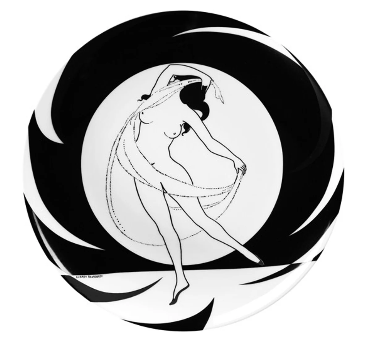 Handcrafted bowl made of porcelain with a motif by Audrey Beardsley Dancing woman with a cloth, diameter 30 cm - finest quality from the Tettau porcelain factory - beautiful flat bowl