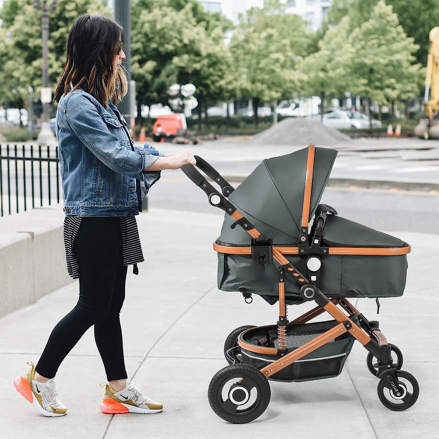 Kinderwagen, Hochformat-Kinderwagen, umkehrbarer Stubenwagen für Neugeborene, faltbarer Kinderwagen mit Fußabdeckung, Getränkehalter, Netz, Sicherheitshandschlaufe (Celadon)