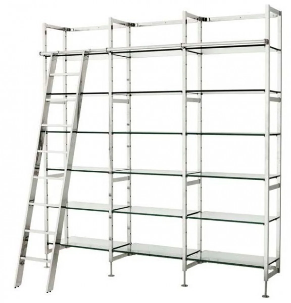 Luxury shelf cabinet polished stainless steel with glass shelves and ladder W 223 x H 245 cm bookcase shelf cabinet - Art Deco furniture