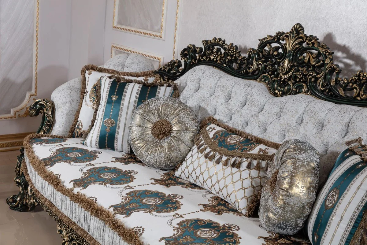 Luxury Baroque Sofa White / Multicolored / Green / Gold - Magnificent Living Room Sofa with Elegant Pattern - Baroque Living Room & Hotel Furniture - Noble & Magnificent