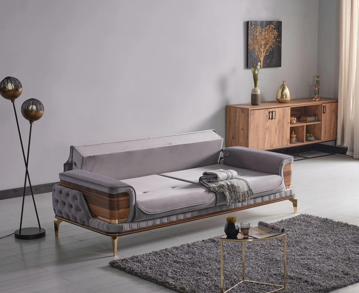 Luxury sofa bed gray / brown / gold 232 x 92 x H. 85 cm - Living room sofa with 2 pillows - Luxury living room furniture