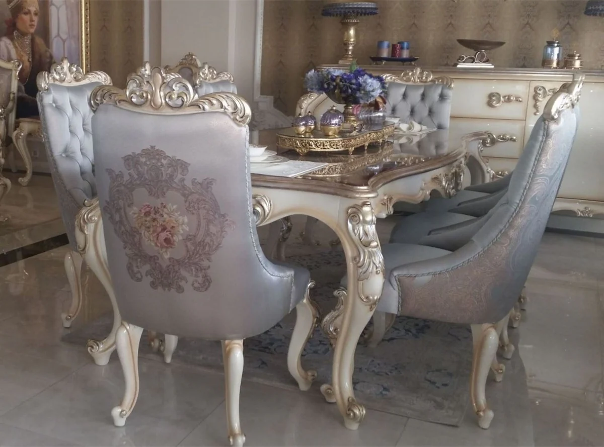 Luxury Baroque Dining Room Chair Set Silver / Cream / Gold - 6 Kitchen Chairs in Baroque Style - Baroque Dining Room Furniture
