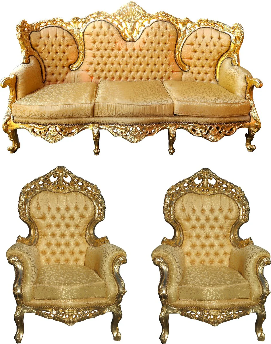 Barock Wohnzimmer Set Versailles II Gold Muster / Antik Gold - 3er Sofa + 2 Sessel