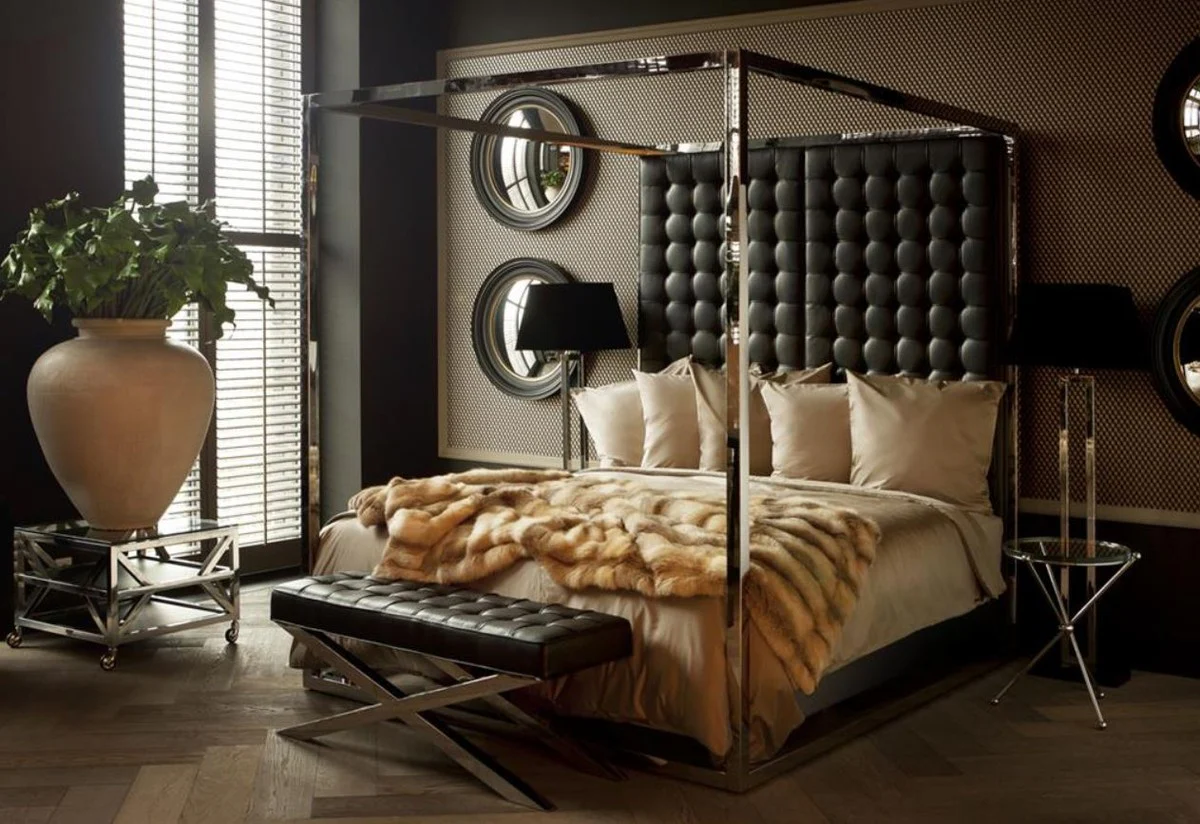 Luxury bed frame with headboard in black leather look 190 x 220 x H. 220 cm - designer furniture