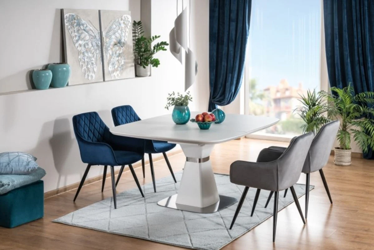 Luxury dining table matt white / silver 120-160 x 120 x H. 76 cm - Modern extendable dining room table with tempered glass top - Dining room furniture