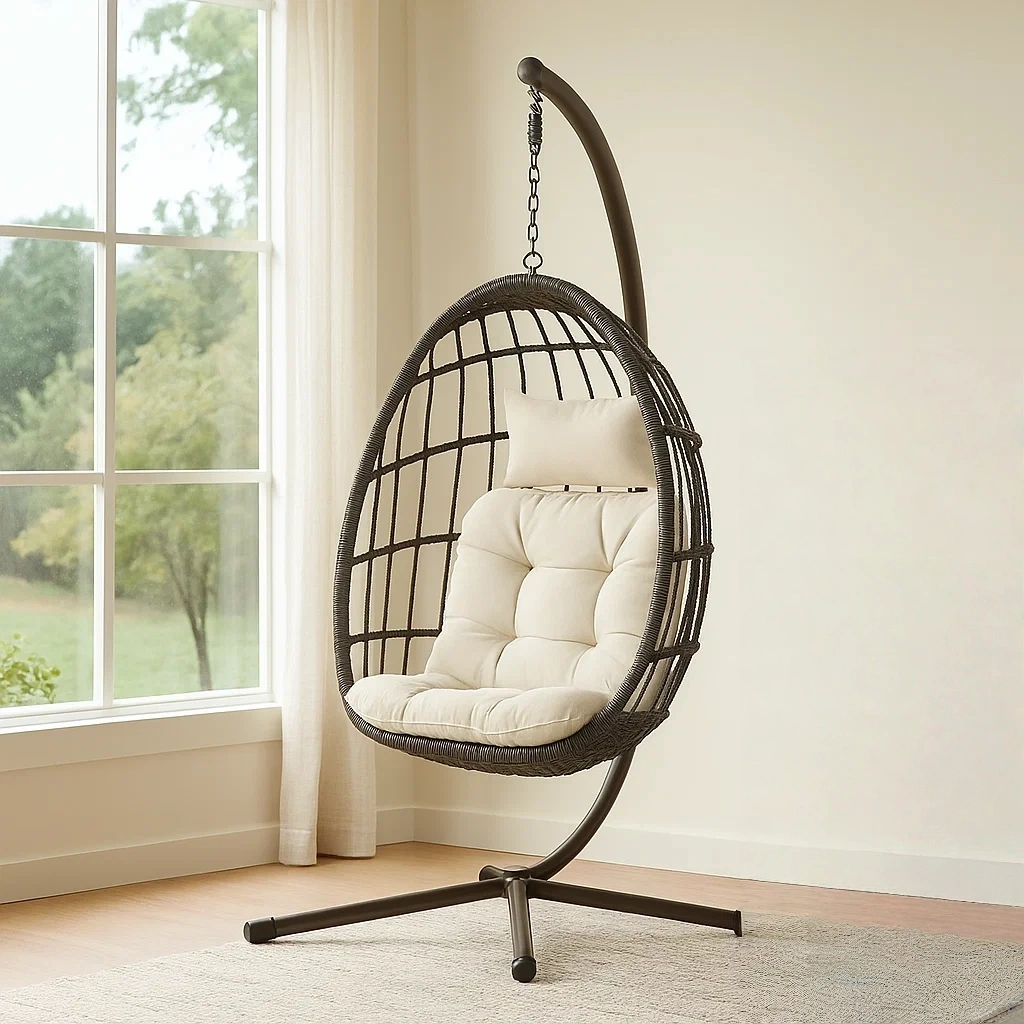 Hängesessel, eiförmig, Kunstrattan, braun und beige, mit Gestell, für den Garten, 105 x 70 x 195 cm - lresi3FsrLgy