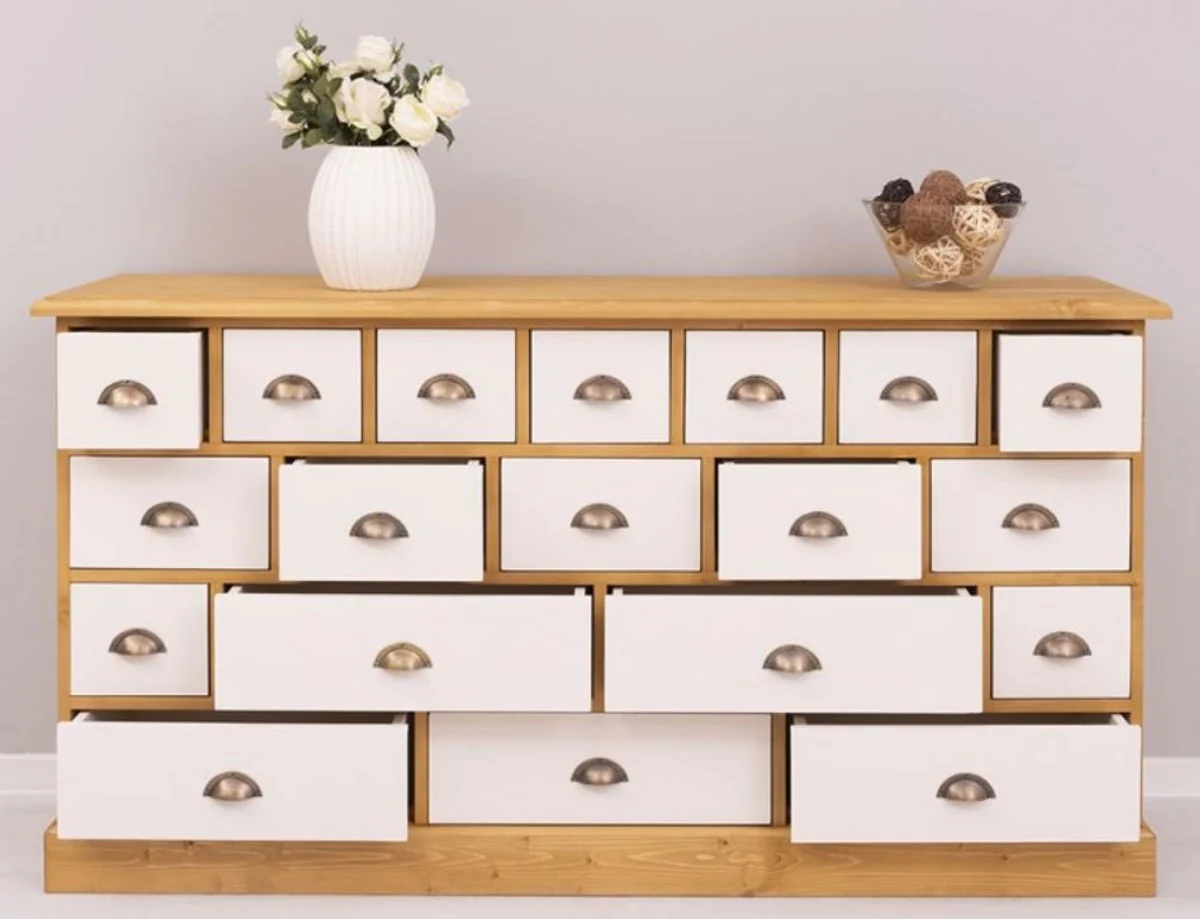 Country house style chest of drawers natural colors / white 180 x 48 x H. 95 cm - solid wood cabinet with 19 drawers - country house style furniture - furniture in country house style - country house style furnishings