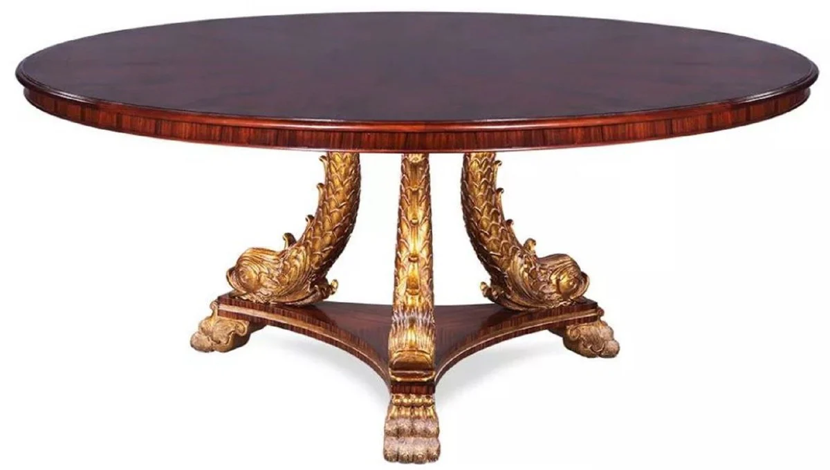 Luxury baroque dining table brown / gold Ø 150 cm - Round baroque style solid wood kitchen table in Asian style - Baroque dining room furniture in Asian style