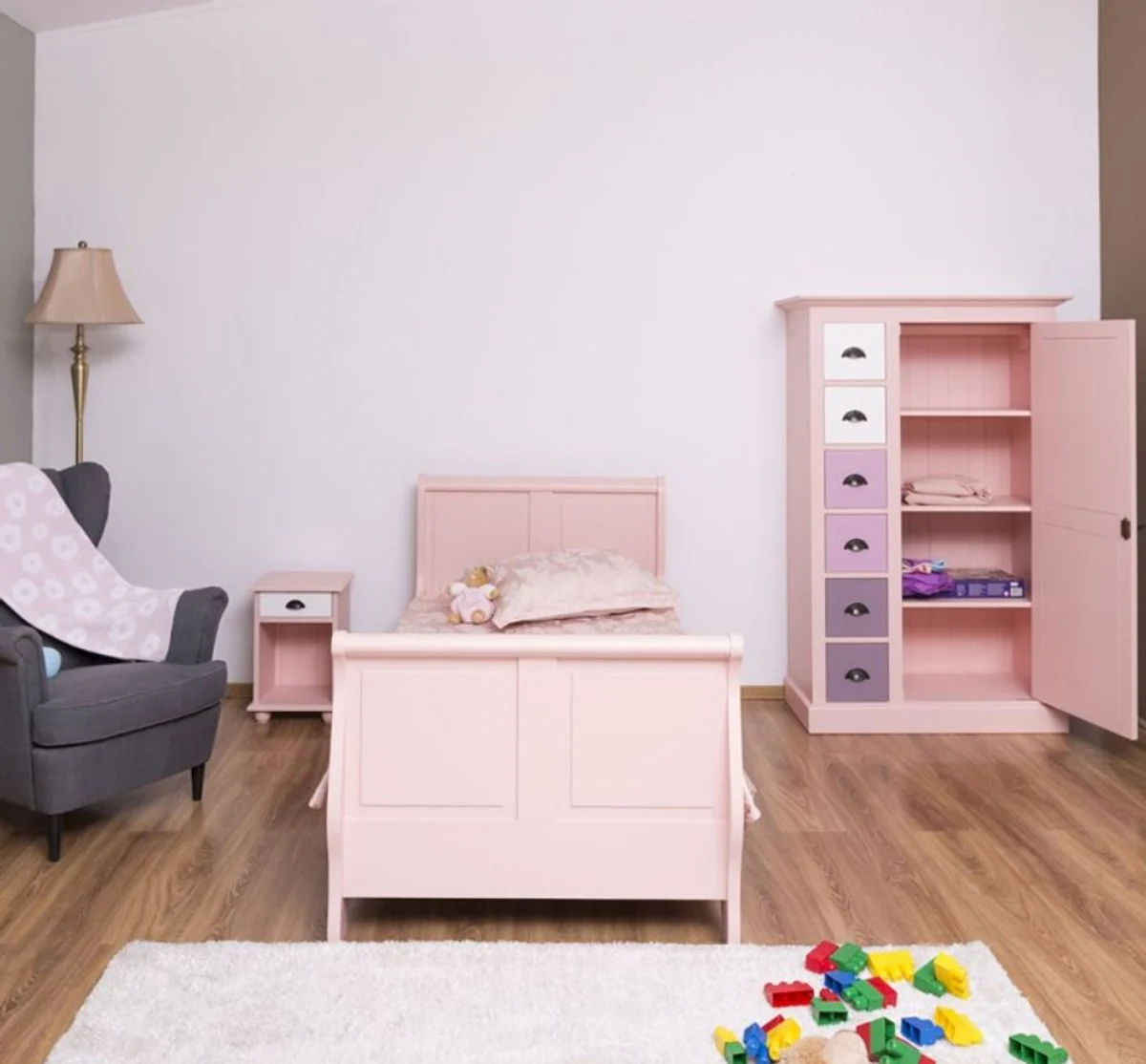 Country style solid wood children's room furniture set pink / white / purple - 1 single bed & 1 wardrobe & 1 bedside table - country style furniture
