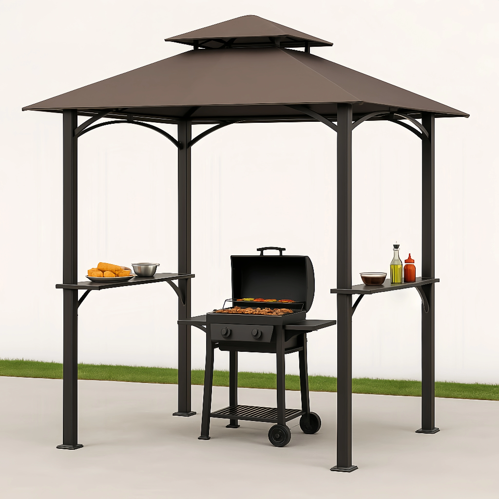 Garten-Grillhäuschen mit Satteldach und Metallkonstruktion, 220 cm x 120 cm x 240 cm.