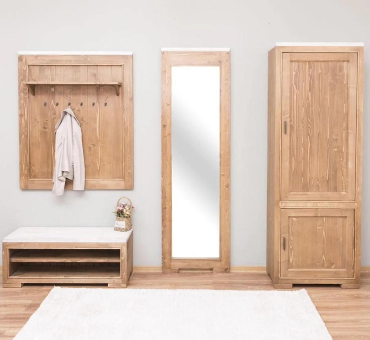 Country house style solid wood wardrobe furniture set natural colors / white - 1 wardrobe & 1 shoe cabinet & 1 wall mirror & 1 wardrobe - country house style furniture