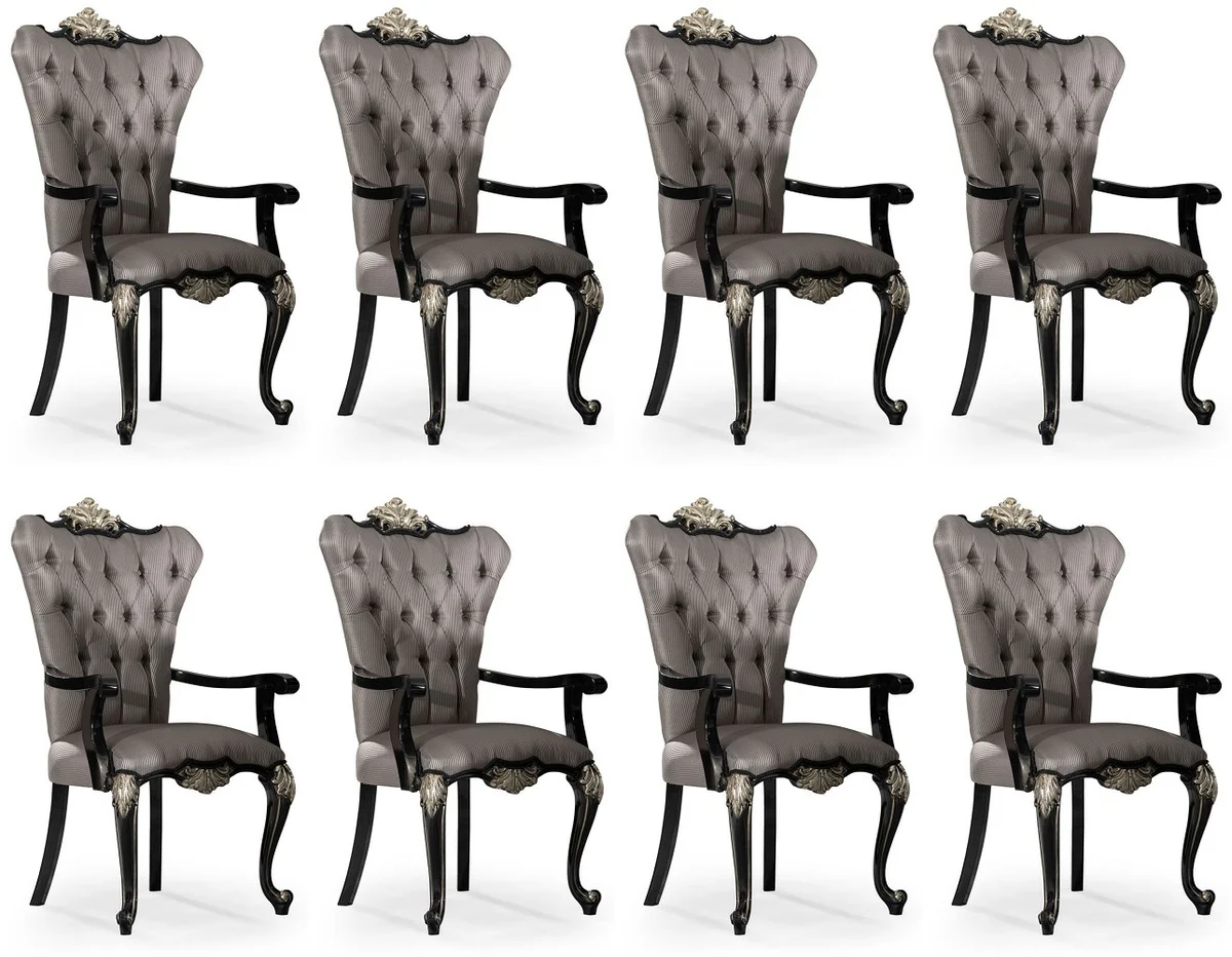 Luxury Baroque Dining Room Chair Set of 8 with Armrests Silver / Black / Silver - Magnificent Baroque Style Kitchen Chairs - Luxury Baroque Dining Room Furniture - Noble & Magnificent