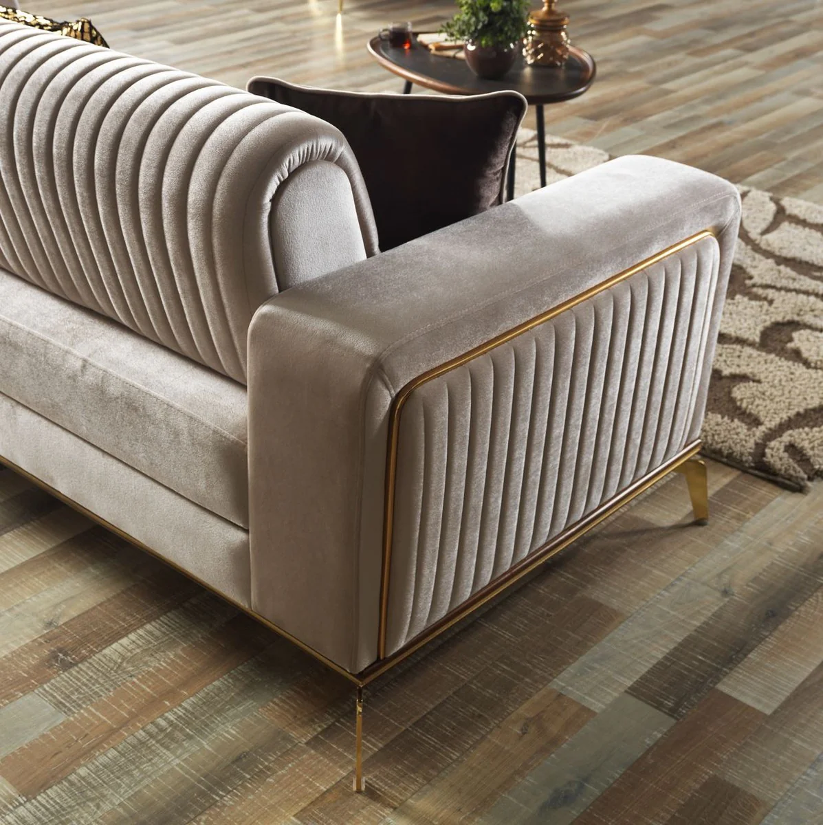 Luxury sofa bed cream / brown / gold 225 x 92 x H. 83 cm - living room sofa with 3 cushions - luxury living room furniture