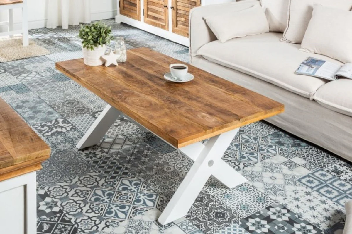 Country house style coffee table natural colors / white 110 x 60 x H. 45 cm - handmade solid wood living room table - living room furniture in country house style