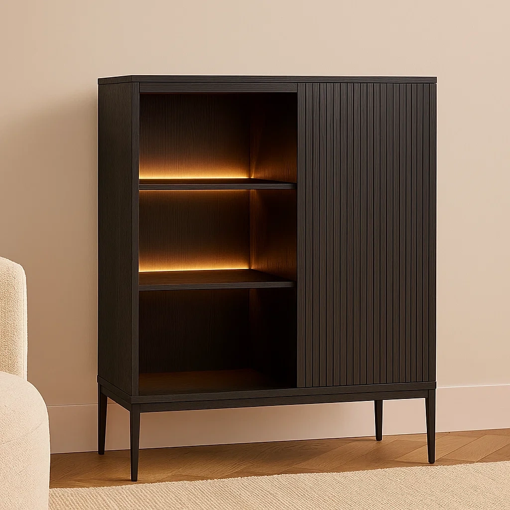 Vitrine mit Holztür, 3 MDF-Einlegeböden mit LED-Beleuchtung, dunkelbraun, freistehend, für Wohn- oder Esszimmer, 90 x 35 x 130 cm - 3uSiOUXOHkMC