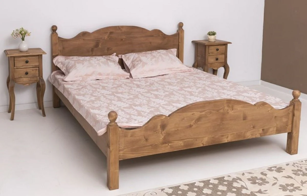 Country house style solid wood bedroom set brown - 1 country house style double bed & 2 country house style bedside tables - solid wood bedroom furniture - bedroom furniture in country house style