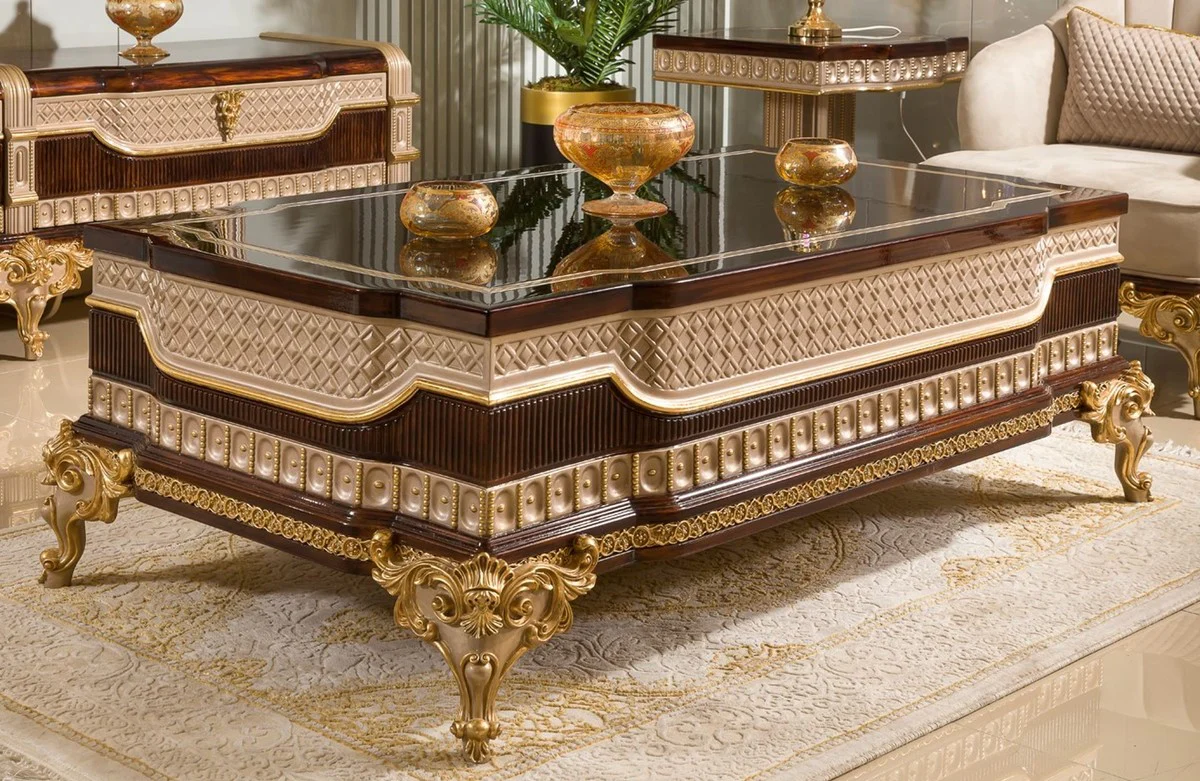 Luxury Baroque Coffee Table Dark Brown / Gray / Gold 156 cm - Baroque Furniture