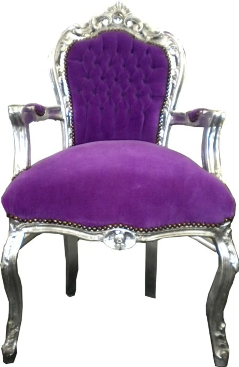 Baroque dining room chair purple / silver with armrests - Baroque furniture