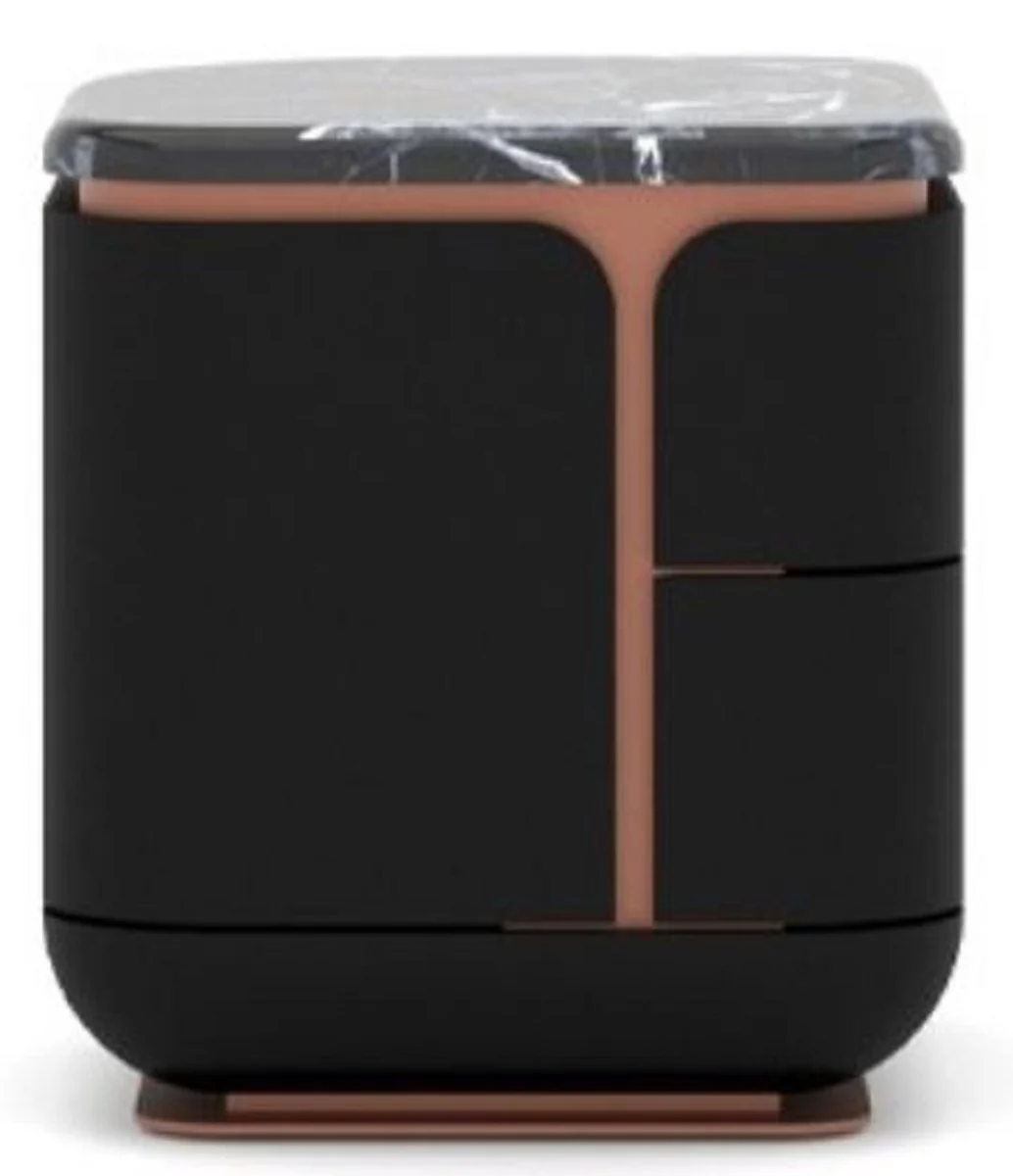 Luxury nightstand black / copper 60 x 50 x H. 57 cm - Solid wood bedside table with 2 drawers and marble top - Bedroom furniture - Hotel furniture - Luxury furniture