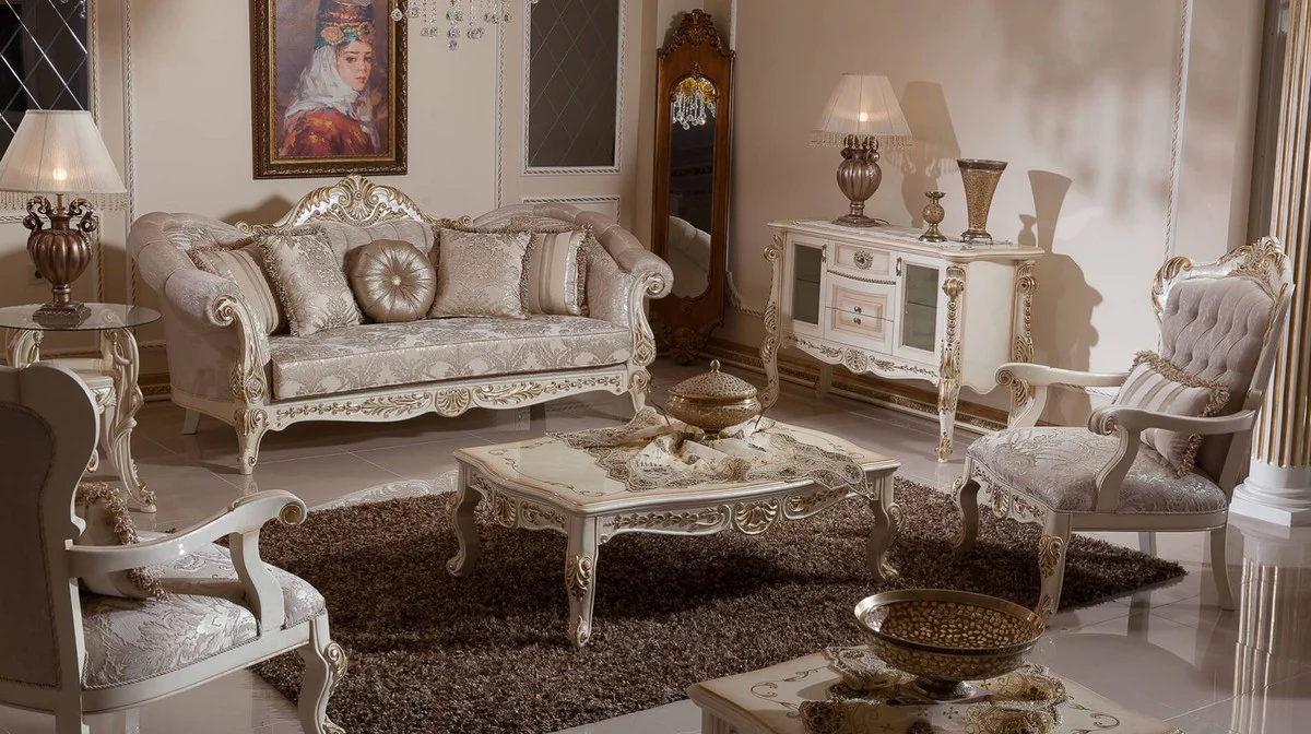 Luxury Baroque Sofa Gray / Silver / White / Gold - Handmade Baroque Style Living Room Sofa with Elegant Pattern - Magnificent Baroque Living Room Furniture