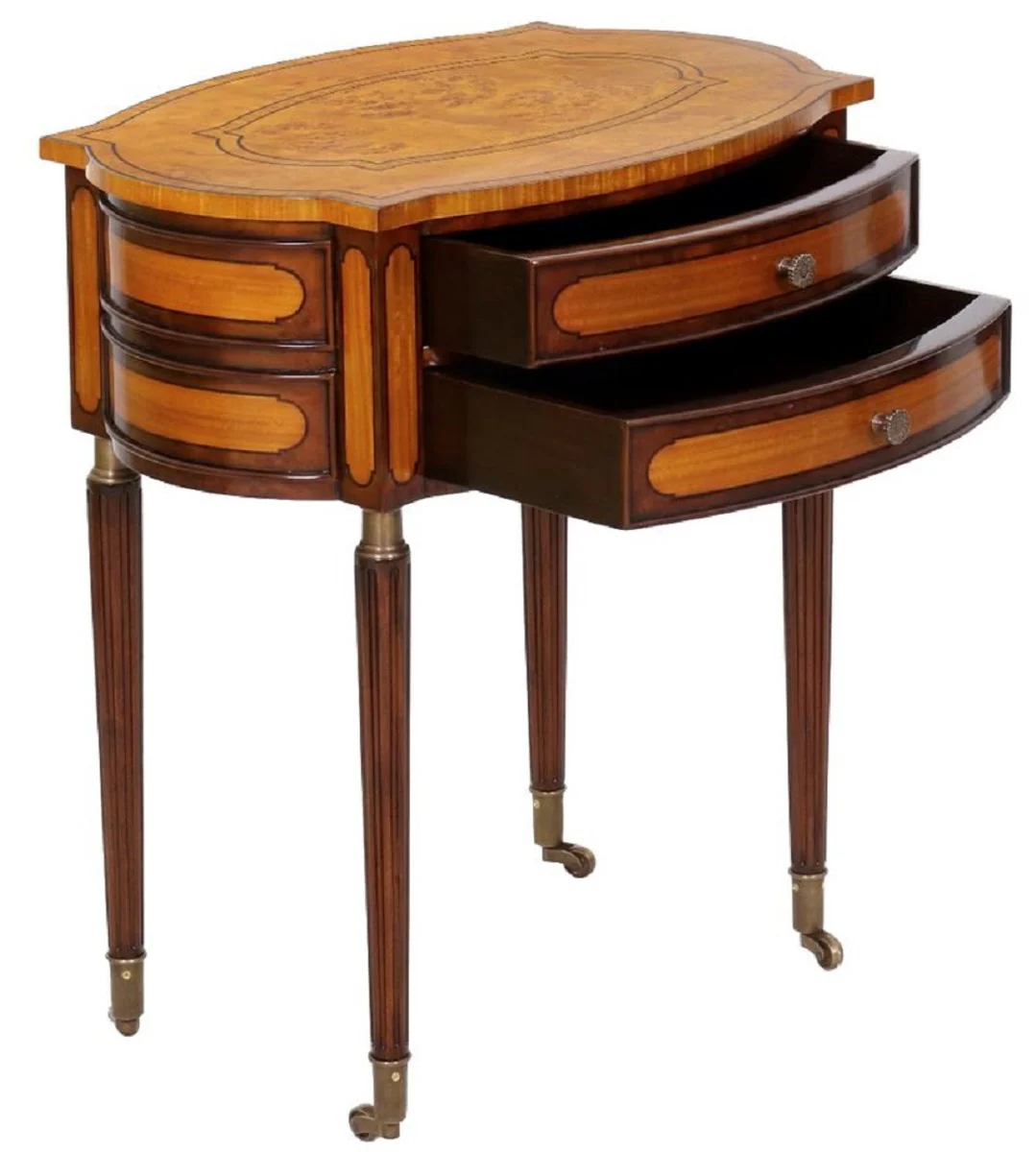 Luxury Art Nouveau nightstand light brown / dark brown - Elegant solid wood bedside table with 2 drawers and wheels - Baroque & Art Nouveau bedroom furniture