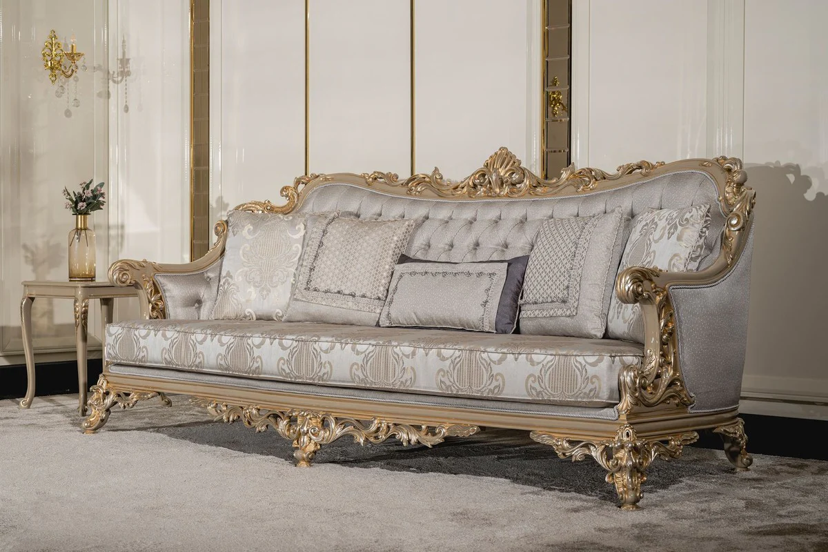 Luxury Baroque Living Room Sofa Silver / Gray / Gold - Handmade Baroque Style Sofa with Decorative Pillows - Luxury Living Room Furniture in Baroque Style - Baroque Furniture - Noble & Magnificent