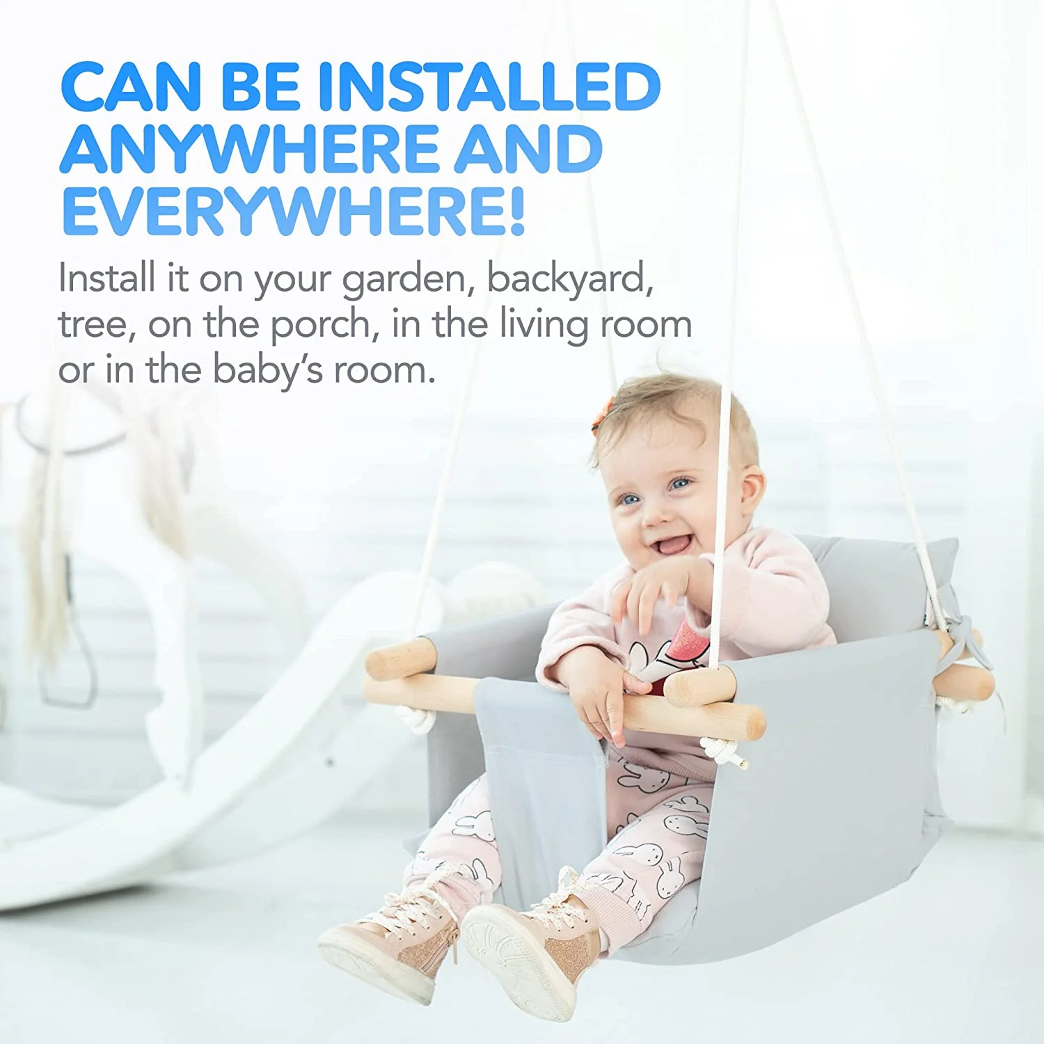 Babyschaukel aus Segeltuch, hängender Schaukelsitz aus Holz mit Sicherheitsgurt, langlebiger Baby-Hängemattenstuhl, Außen- und Innenschaukel für Kinder, Montagezubehör im Lieferumfang enthalten, Elfenbeinfarben