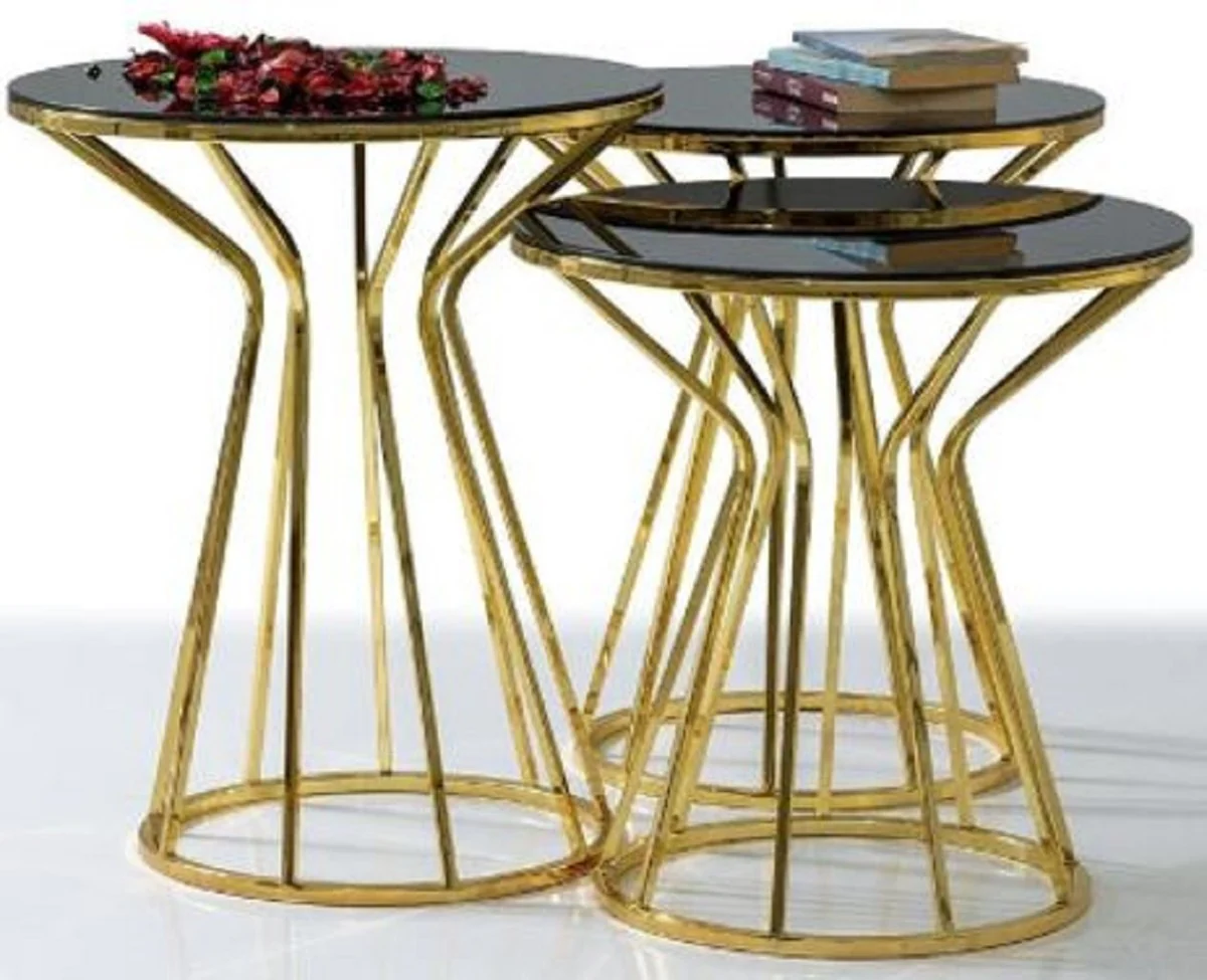 Designer side table set gold / gray - 3 metal tables with glass top - living room furniture - luxury collection