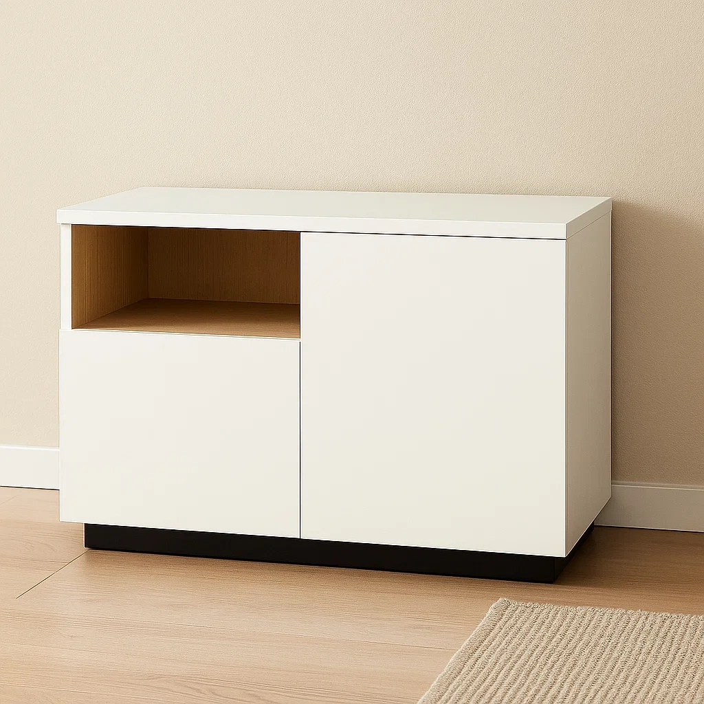 Rechteckige Kücheninsel mit Ablage und Tür, weiß und naturfarbenes Holz, freistehend, 100 x 45 x 80 cm für die Küche - d3cbHuD3M8ry