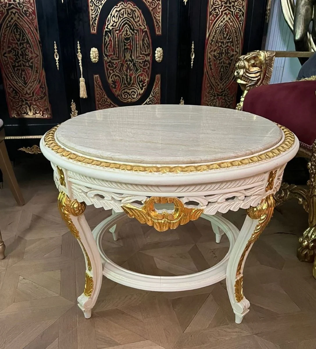 Baroque coffee table with marble top white / gold / cream - Round solid wood living room table in baroque style - Baroque style living room furniture - Baroque furniture - Antique style living room furniture