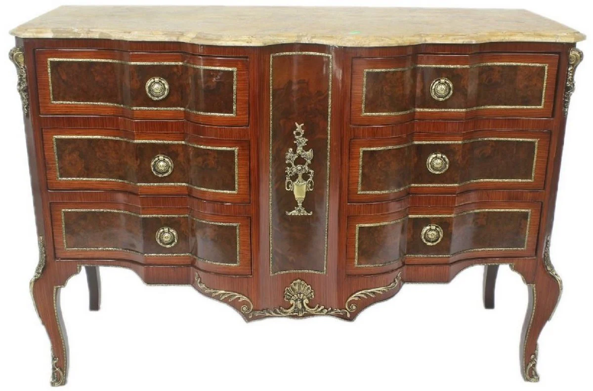 Baroque chest of drawers brown / gold / cream 130 x 50 x H. 90 cm - Handcrafted solid wood chest of drawers with 6 drawers and marble top - Baroque furniture