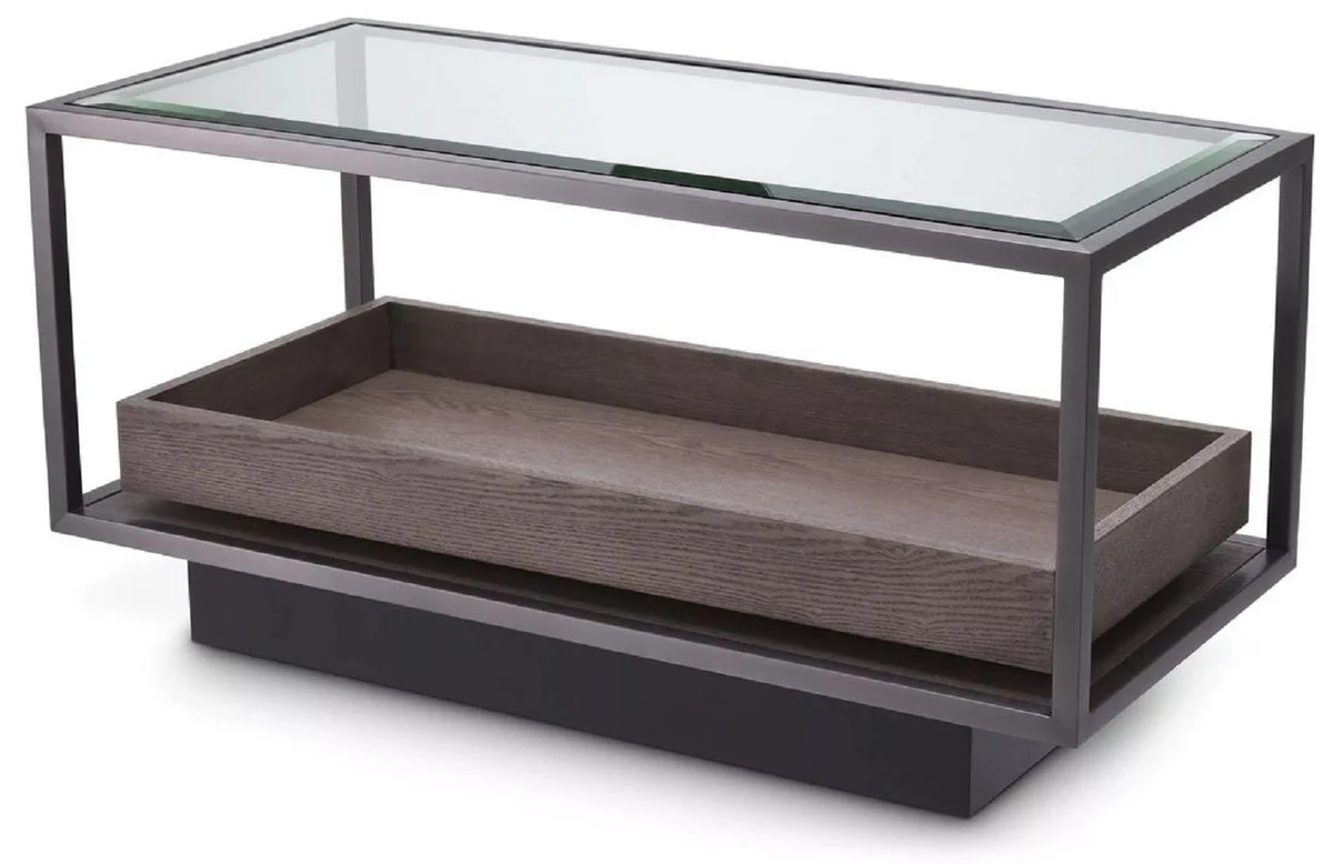 Luxury side table bronze / gray 90 x 42 x H. 44 cm - Rectangular table with glass top and elegant veneer - Living room furniture - Luxury furniture - Luxury furnishings