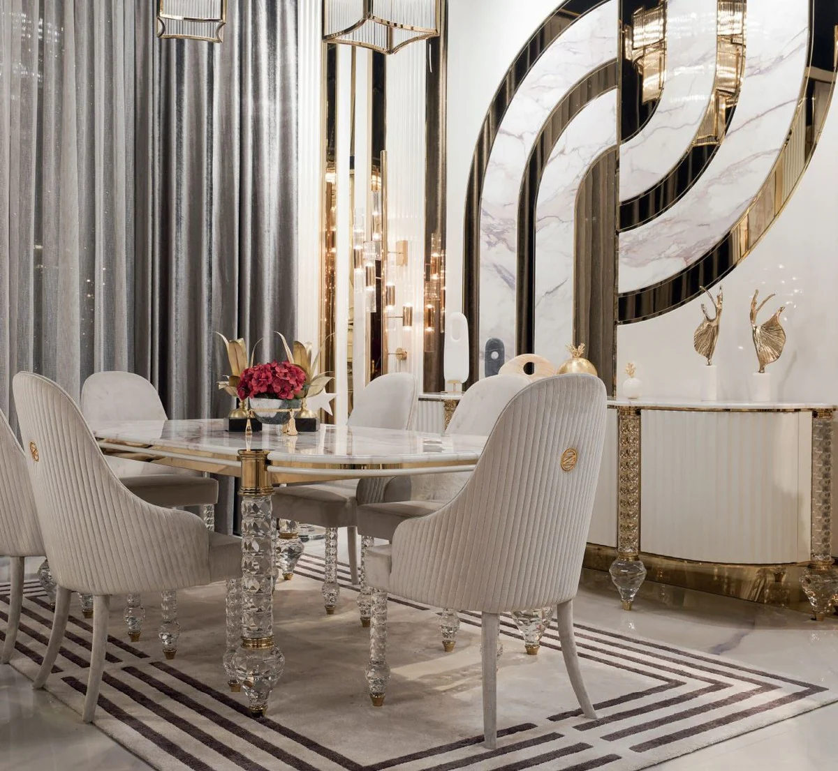 Luxury Art Deco dining table white / gold 230 x 121 x H. 77 cm - Art Deco dining room table with artificial marble table top - Art Deco furniture - Dining room furniture - Luxury furniture - Luxury quality