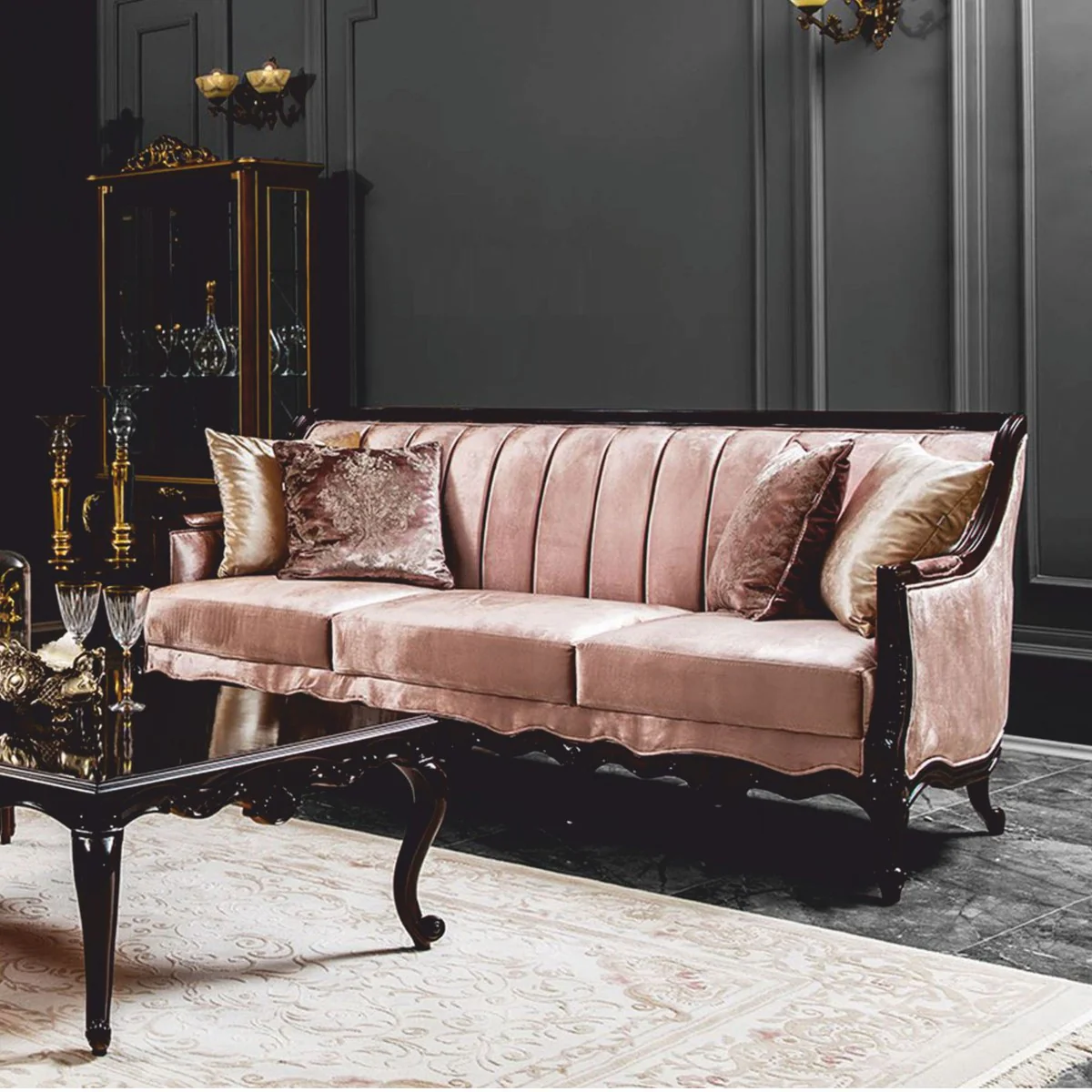 Luxury Baroque Sofa Pink / Dark Brown 229 cm - Baroque Furniture