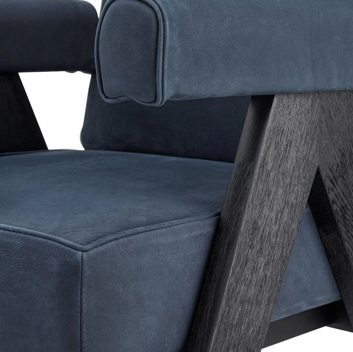 Luxury real leather dining room chair with armrests blue / black 64 x 70 x H. 87.5 cm - kitchen chair with elegant nubuck buffalo leather - luxury dining room furniture