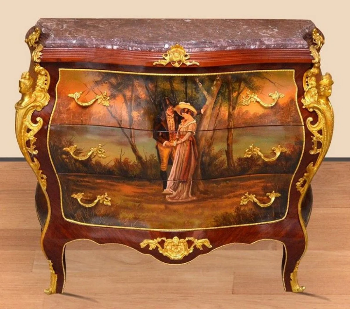 Baroque chest of drawers brown / gold / red - handmade solid wood chest of drawers with 3 drawers and marble top - baroque furniture