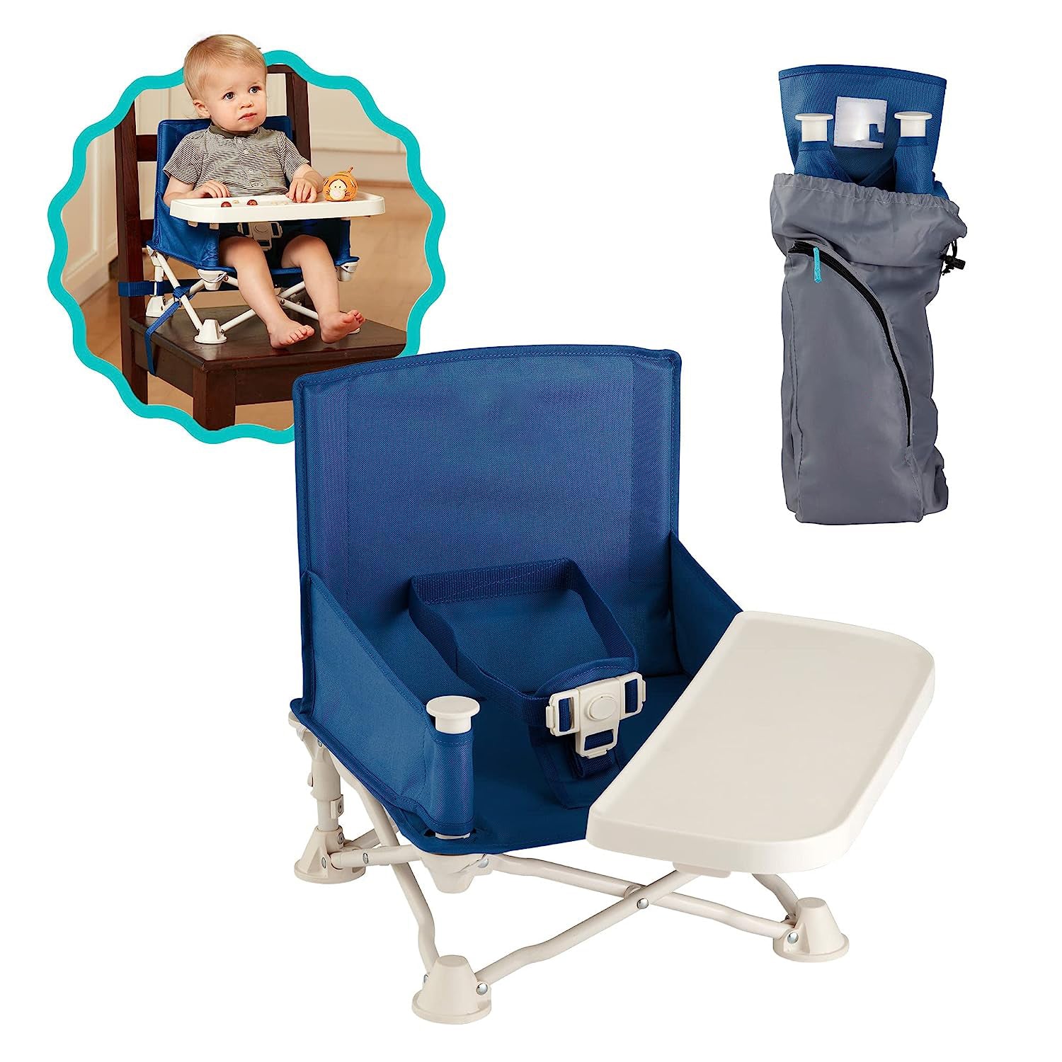 Reisesitzerhöhung mit Tablett für Baby | Zusammenklappbarer, tragbarer Babysitz für Esstisch, Camping, Strand, Omas | Kippfreie Designgurte für Küchenstühle – Sitzerhöhung