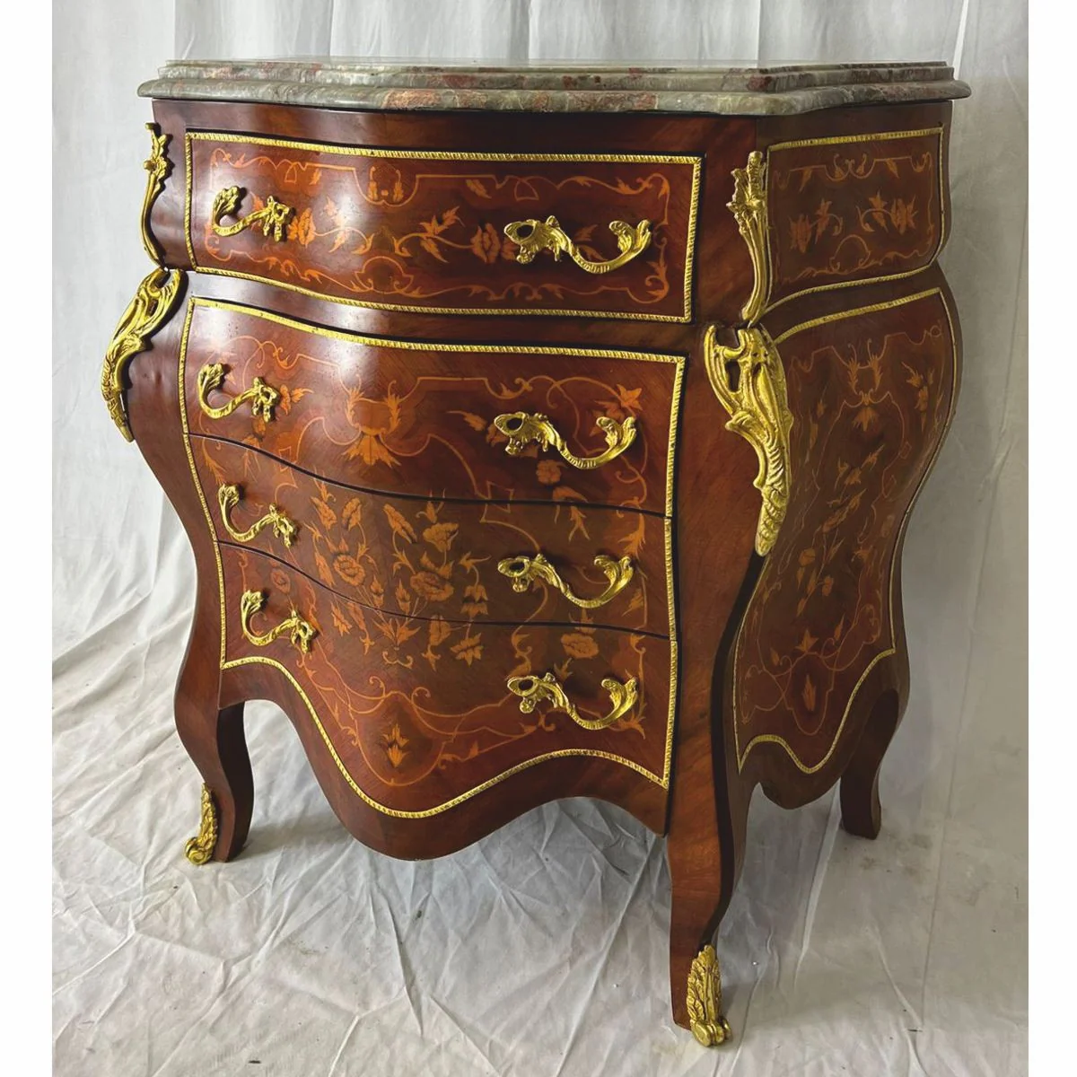 Baroque chest of drawers with 4 drawers and marble top brown inlaid / gold / gray