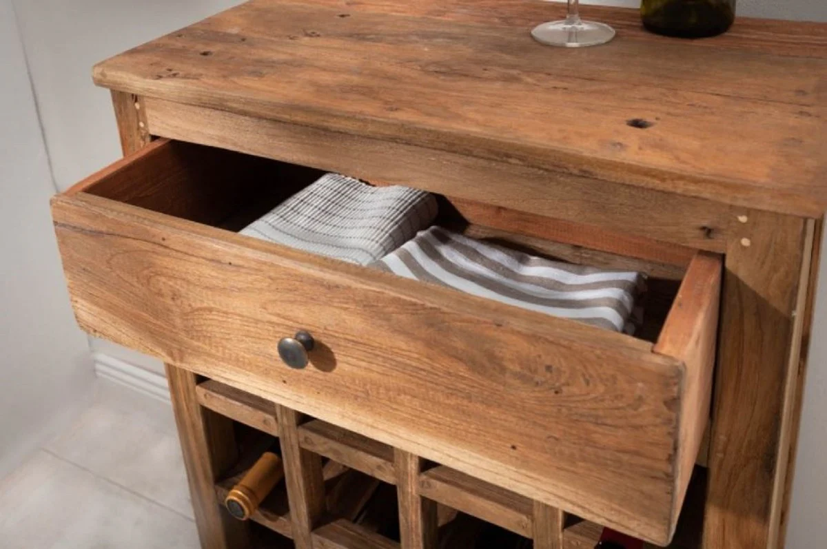 Country house style wine cabinet with drawer and wine bottle shelf natural color 56 x 31 x H. 81 cm - Bar cabinet made of recycled solid wood - Bar furniture - Country house style furniture