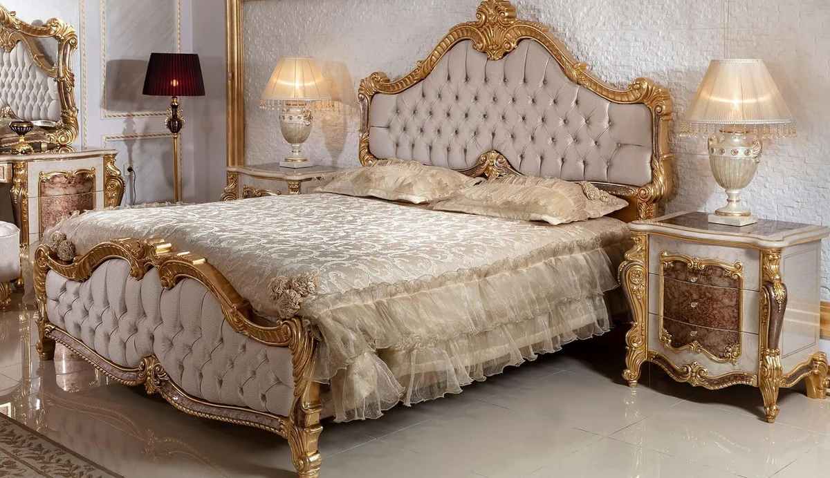 Luxury baroque night dresser with 3 drawers white / brown / gold