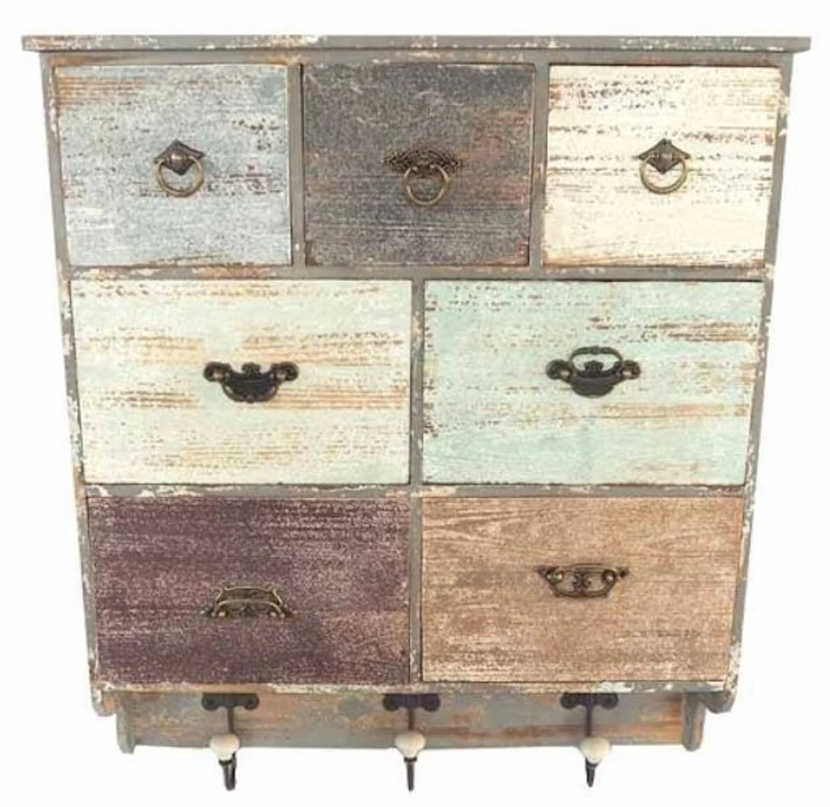 Country house style wall shelf with 7 drawers and 3 hooks antique gray / multicolored 58 x 15 x H. 69 cm - Shabby Chic furniture