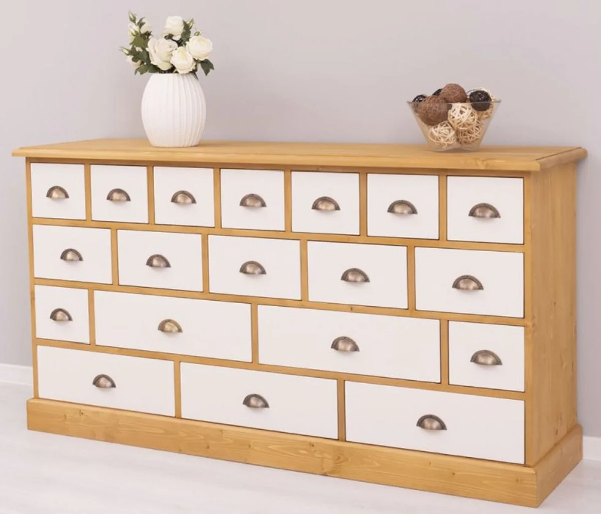 Country house style chest of drawers natural colors / white 180 x 48 x H. 95 cm - solid wood cabinet with 19 drawers - country house style furniture - furniture in country house style - country house style furnishings
