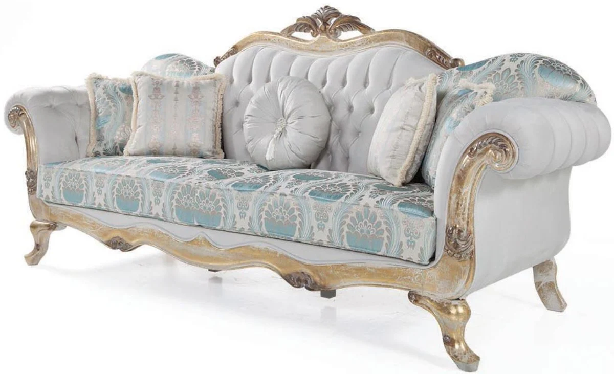 Luxus Barock Wohnzimmer Set Grau / Türkis / Antik Gold - 2 Sofas & 2 Sessel & 1 Couchtisch - Wohnzimmer Möbel im Barockstil - Edel & Prunkvoll
