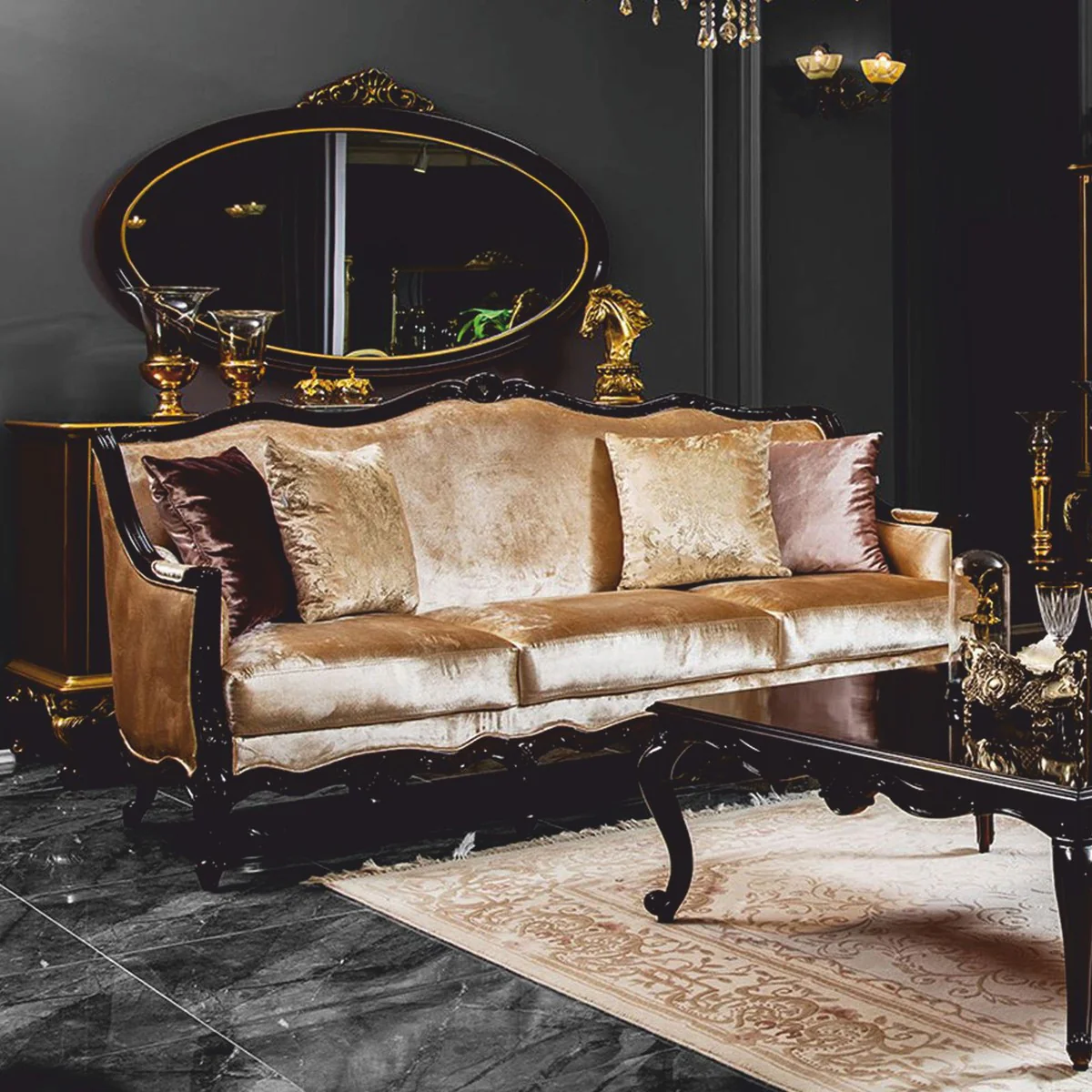 Luxury Baroque Sofa Gold / Dark Brown 225 cm - Baroque Furniture