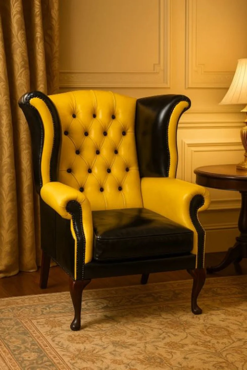 Luxury Chesterfield leather wing chair yellow / black / brown H. 110 cm