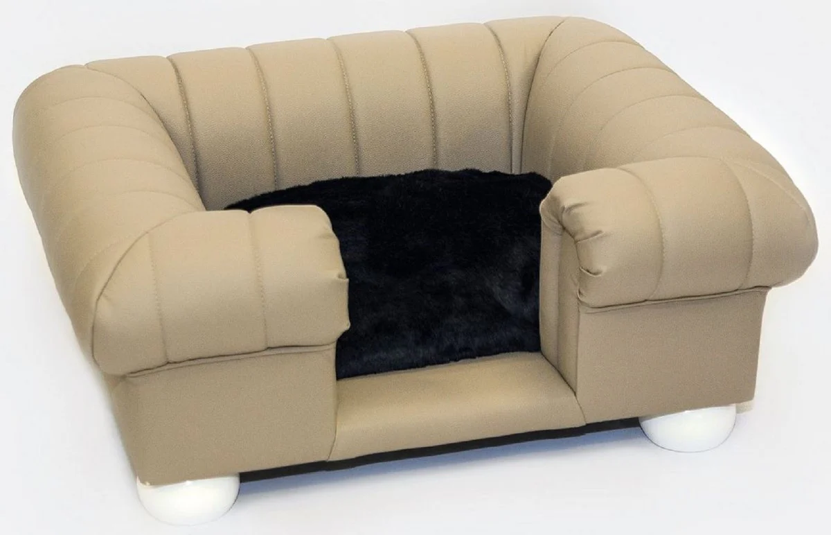 Luxury leather dog bed beige / white / black 79 x 69 x H. 31 cm - Rectangular genuine leather dog bed - Luxury pet furniture - Leather pet furniture - Dog furniture