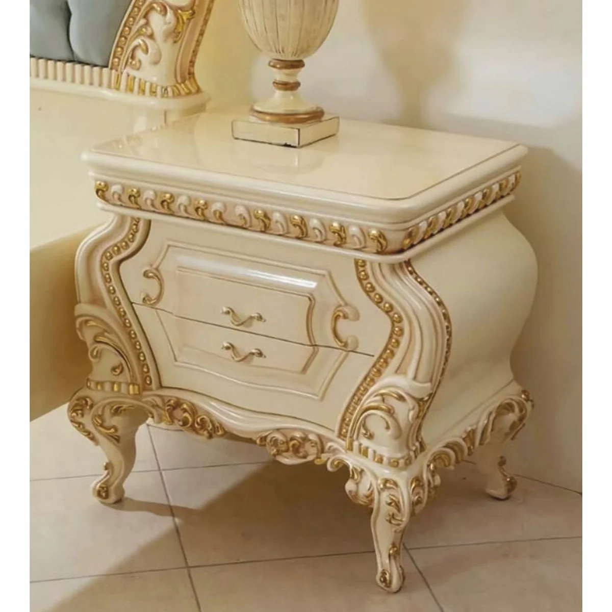 Luxury Baroque night dresser with 2 drawers cream / gold - bedroom furniture