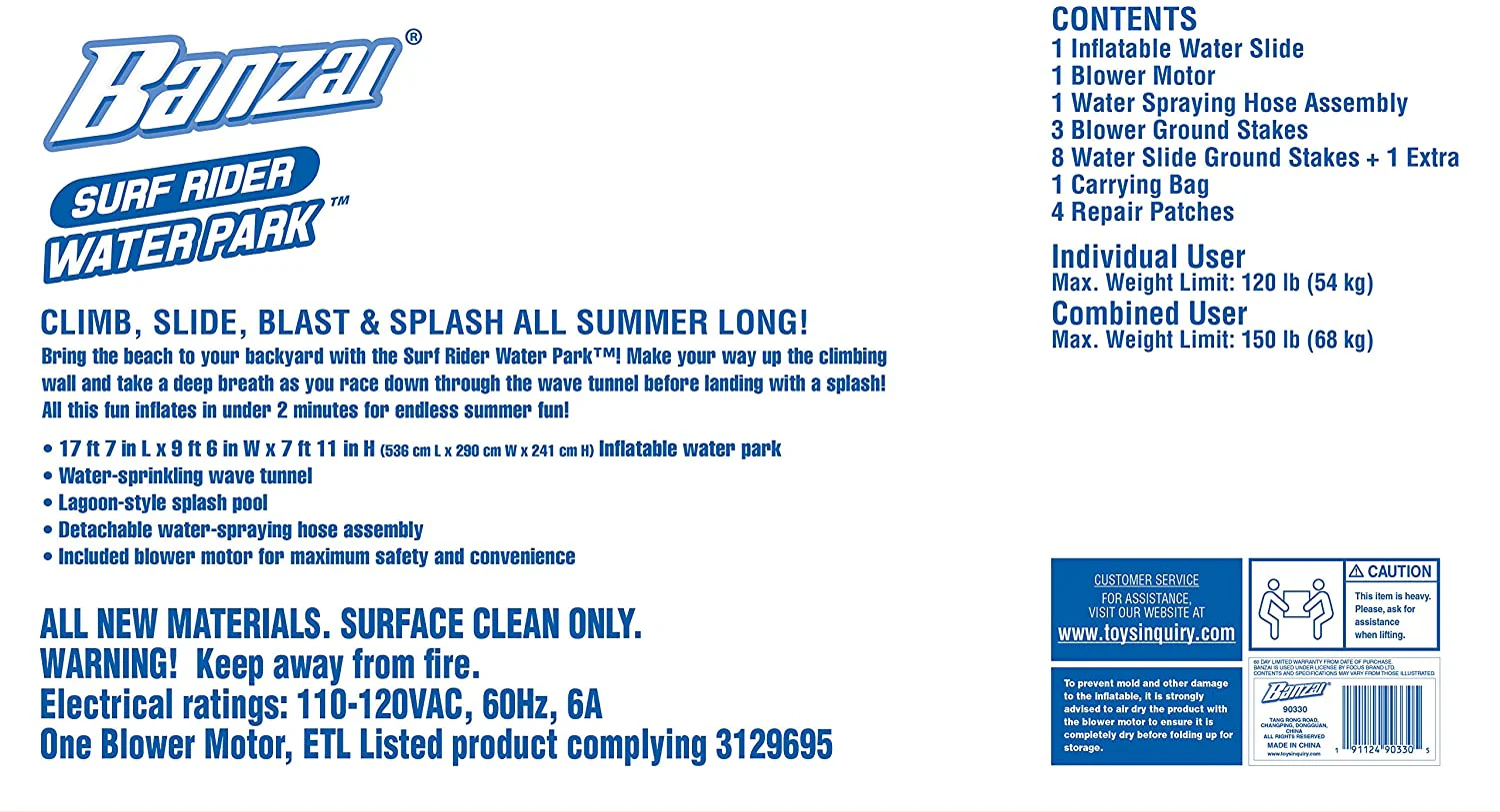 Banzai Surf Rider Aufblasbarer Aqua-Wasserrutschen-Splash-Park für Kinder im Hinterhof mit Kletterwand, Tunnelrutsche und Lagunen-Planschbecken für Kinder im Alter von 5 bis 12 Jahren