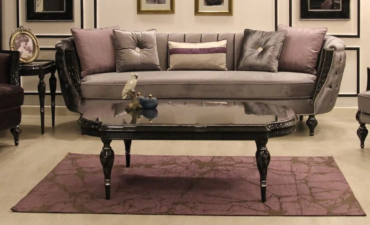 Luxury baroque coffee table gray / black / silver 140 x 85 x H. 50 cm - noble solid wood living room table with glass top - baroque style living room furniture